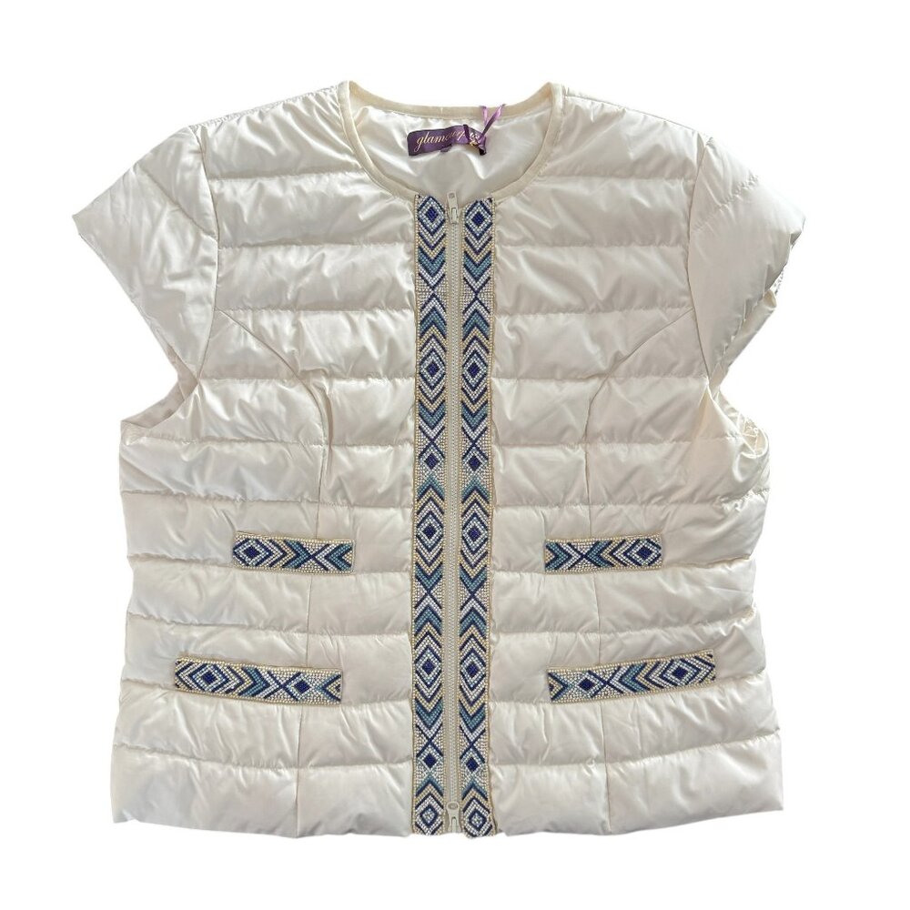 NWT - Glamourpuss Cream Puffer Vest with Blue Beading